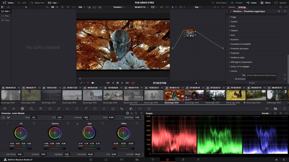 FilmEmu dans la page Couleur de DaVinci Resolve Studio 21 / FilmEmu in the Color page of DaVinci Resolve Studio 21